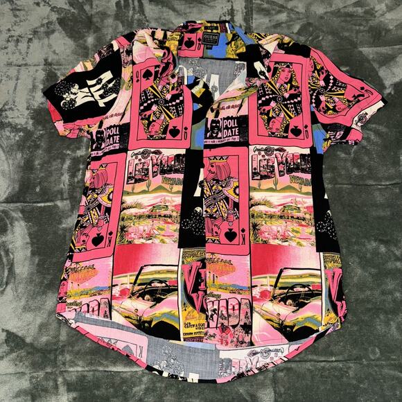 Guess Shirt Men’s Large Pink Casino Card Print Short Sleeve Button Up - Picture 10 of 10